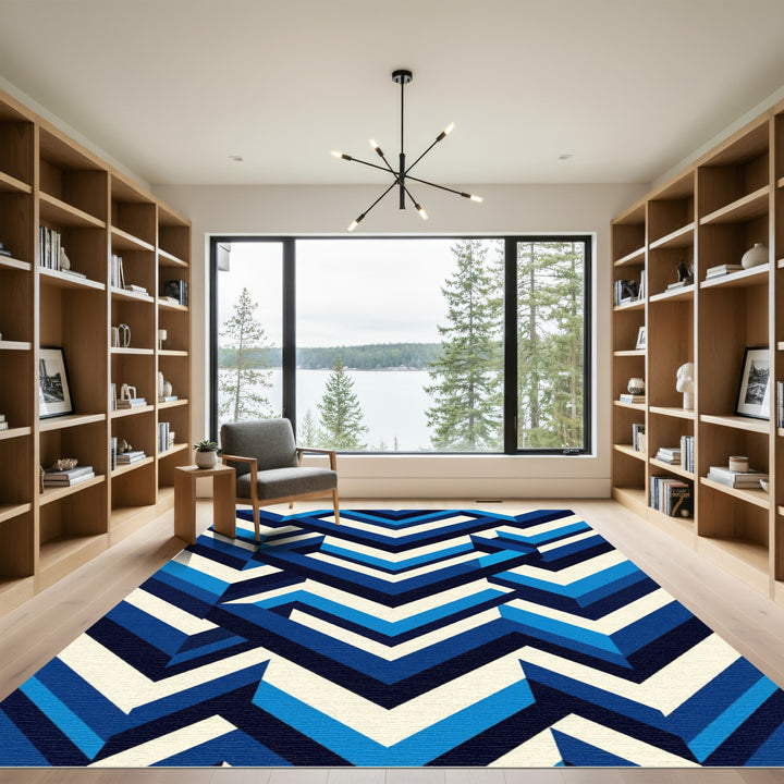 Geometric Chevron Maze Blue Rug