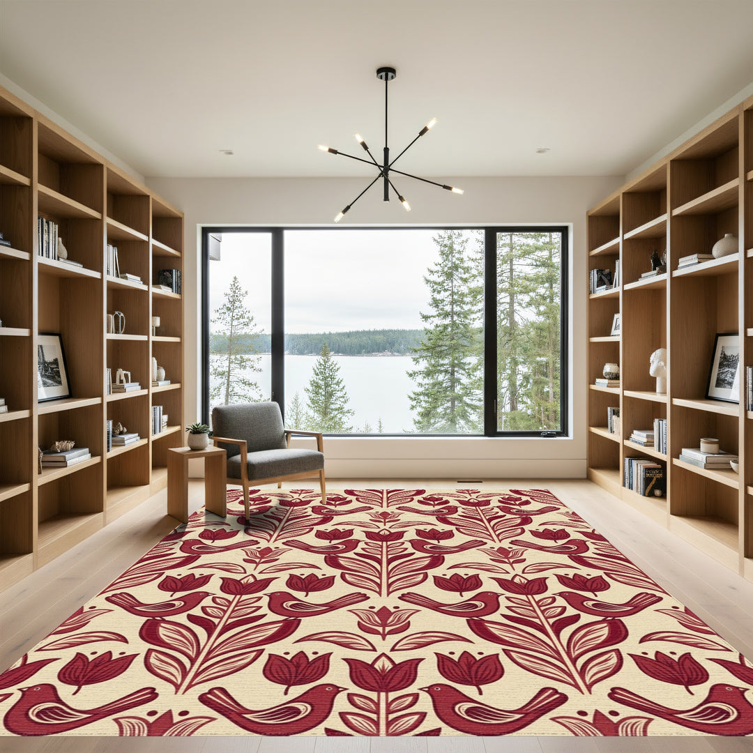 Deep Red Floral Bird Garden Rug