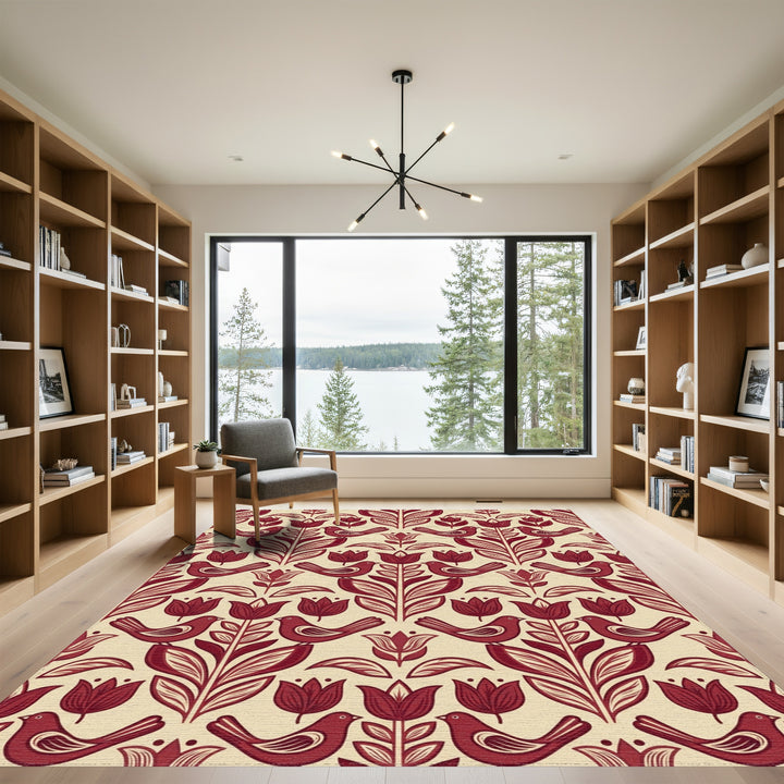 Deep Red Floral Bird Garden Rug
