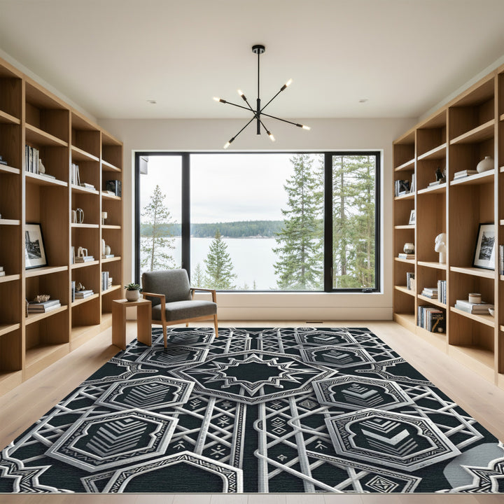 Elegant Silver Geometric Islamic Rug
