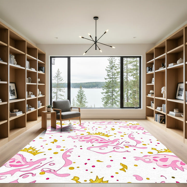 Whimsical Pink Crowns Confetti Splash Rug