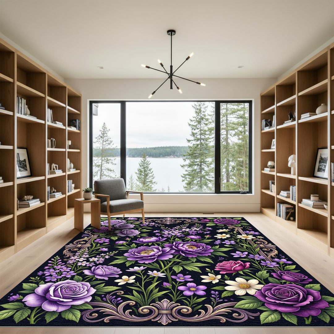 Ornate Purple Floral Scroll Garden Rug