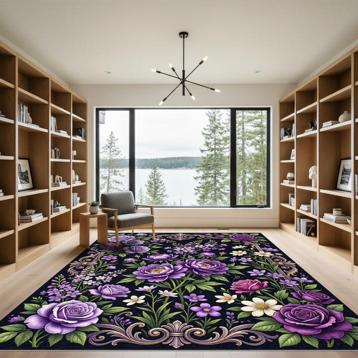 Ornate Purple Floral Scroll Garden Rug