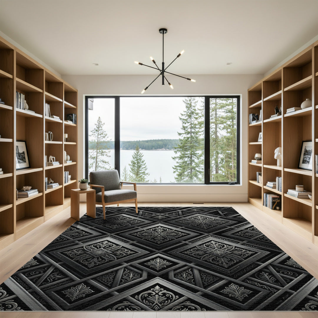 Ornate Silver Embossed Geometric Rug