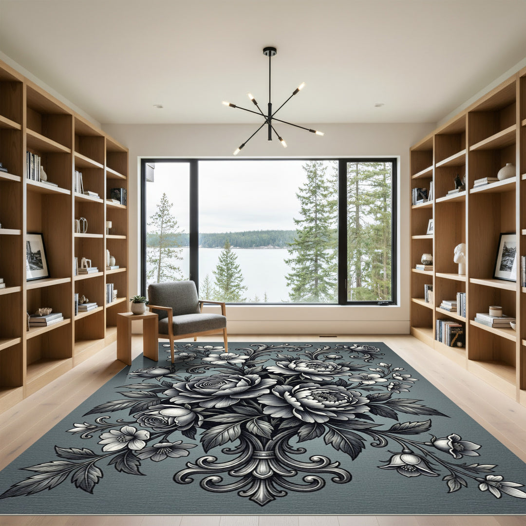 Monochromatic Floral Scroll Arrangement Rug