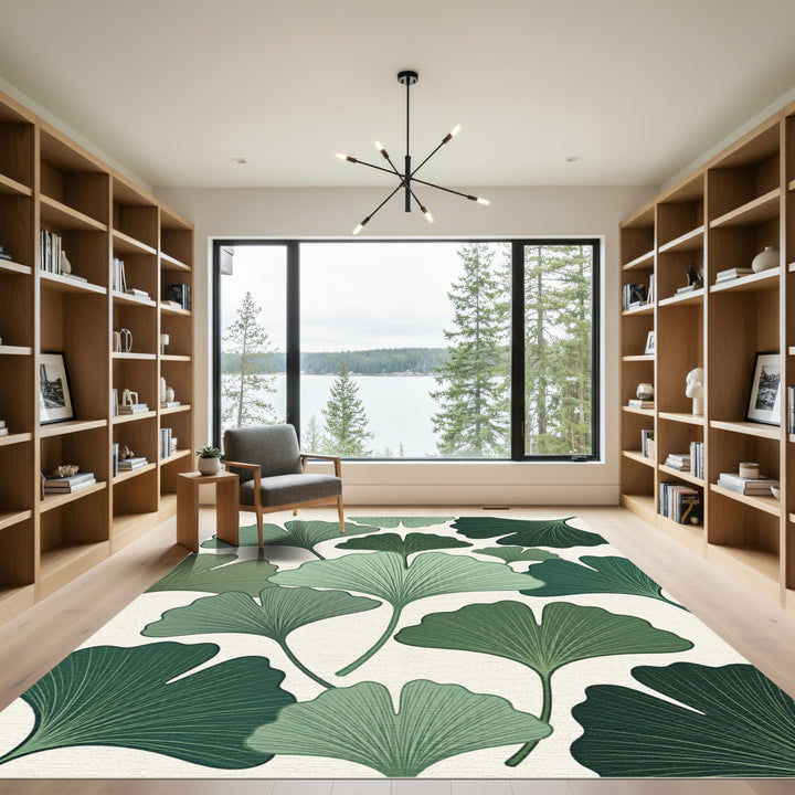 Earthy Green Ginkgo Fan Spread Rug