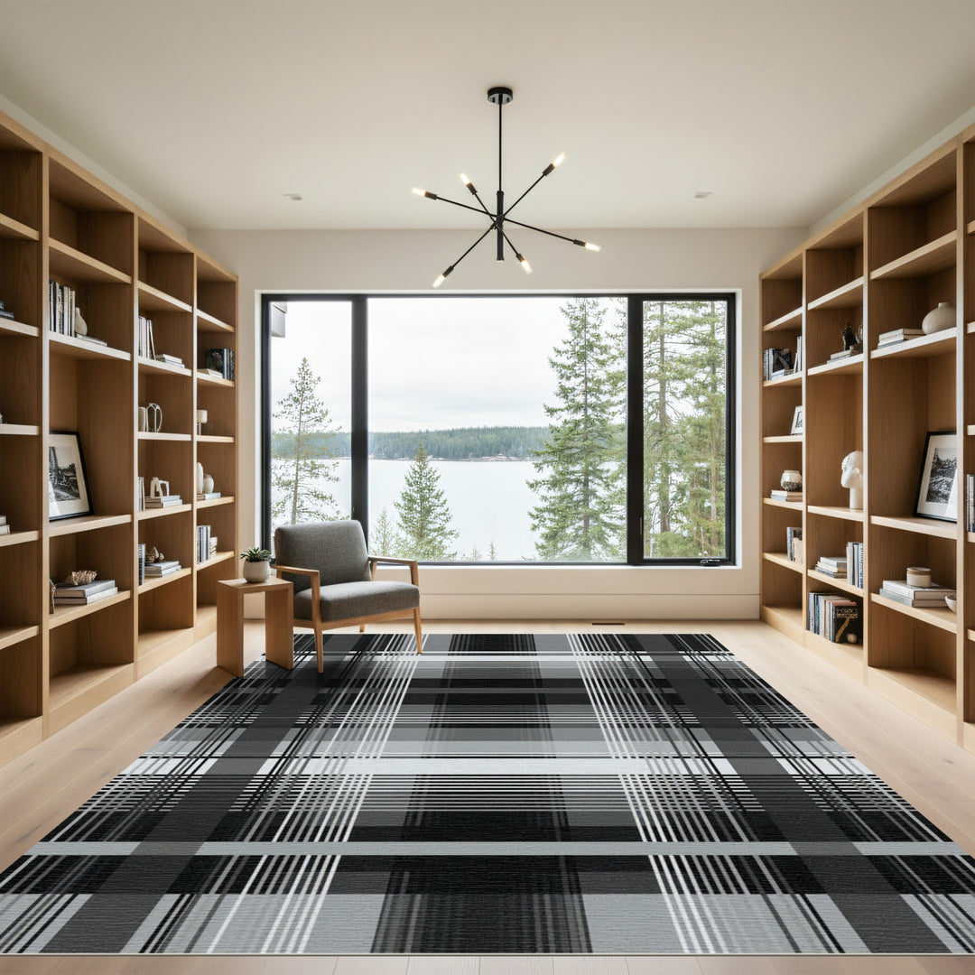 Abstract Black White Plaid Stripes Rug