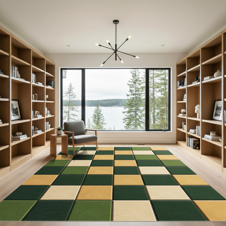 Green Yellow Beige Checkered Squares Rug