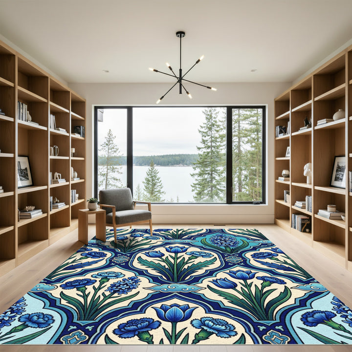 Deep Blue Floral Garden Medallion Rug