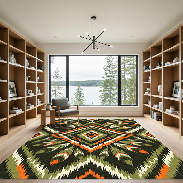 Olive Orange Feathered Tribal Chevron Rug