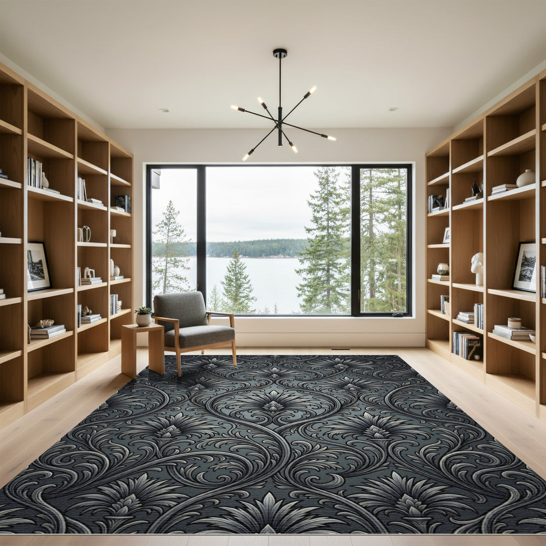 Victorian Dark Gray Floral Scroll Rug