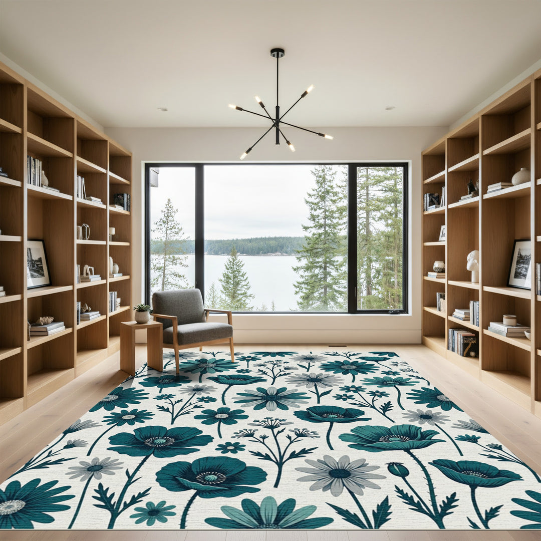 Deep Teal Floral Meadow Rug