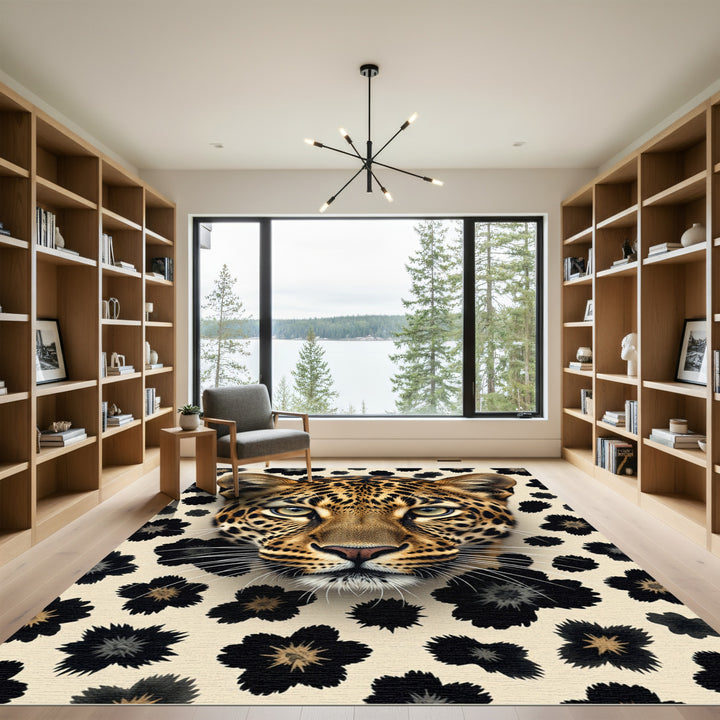 Leopard Face With Black Floral Accents Rug