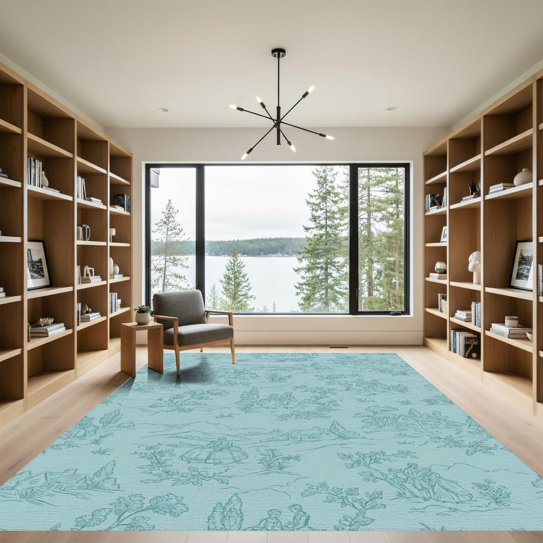 Aqua Rural Countryside Village Scenes Rug