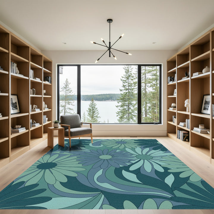 Retro Blue Green Floral Swirl Rug