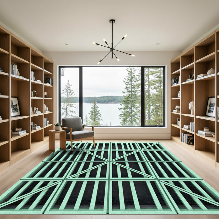 Pale Green Geometric Grid Lines Rug