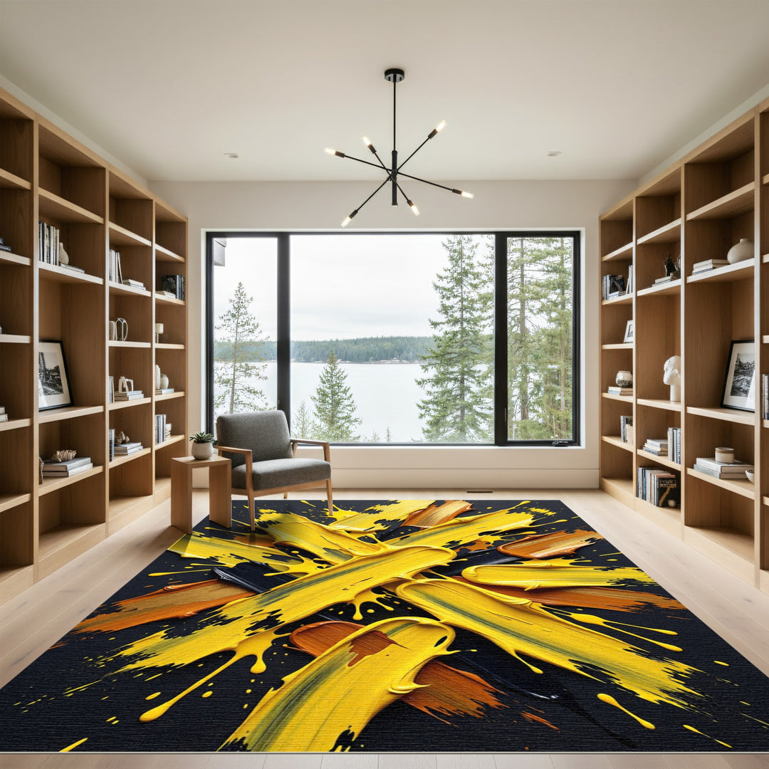 Bold Yellow Abstract Paint Splatter Rug