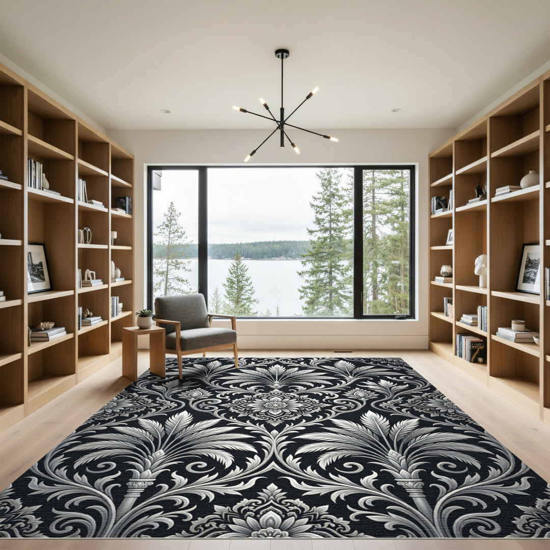 Damask Black White Floral Swirl Rug