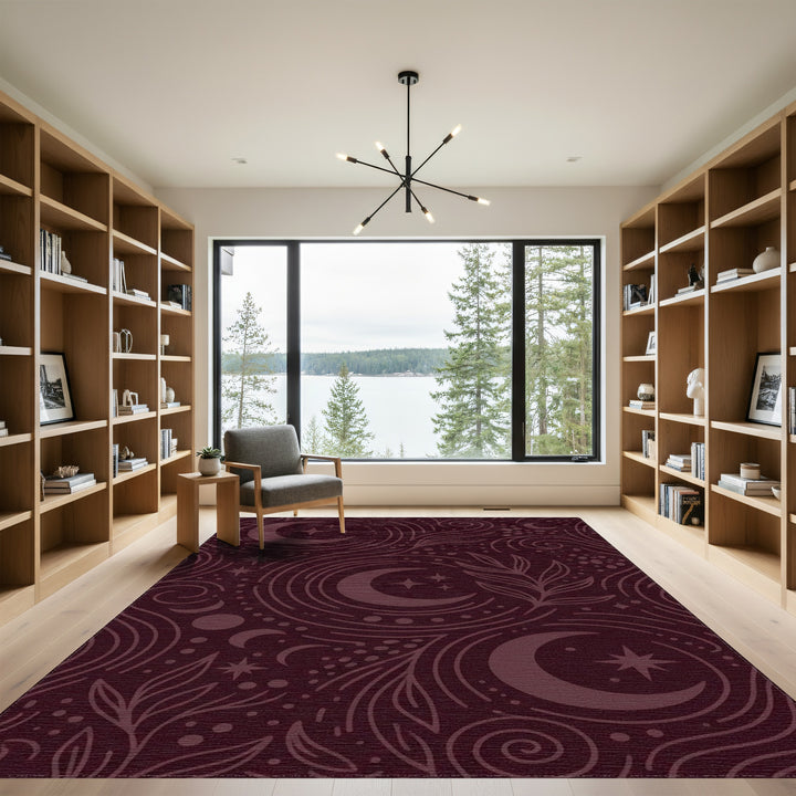 Crimson Celestial Moon Star Swirls Rug