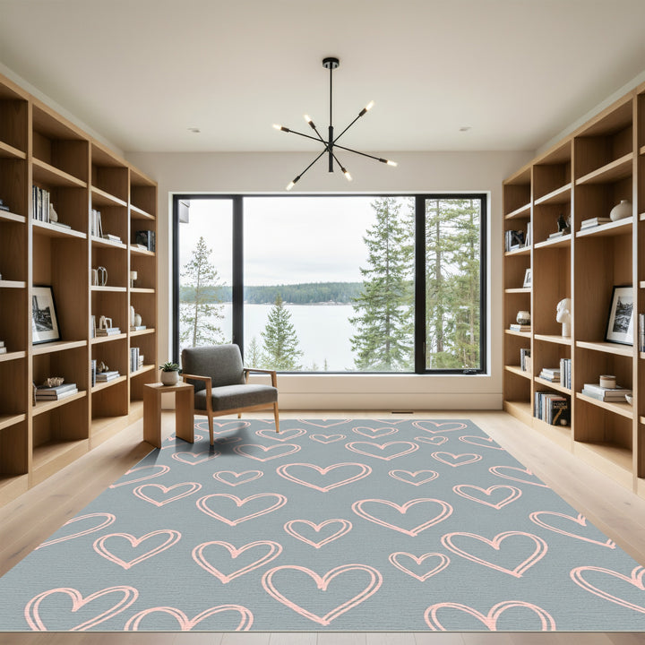 Pink Heart Scatter on Gray Background Rug