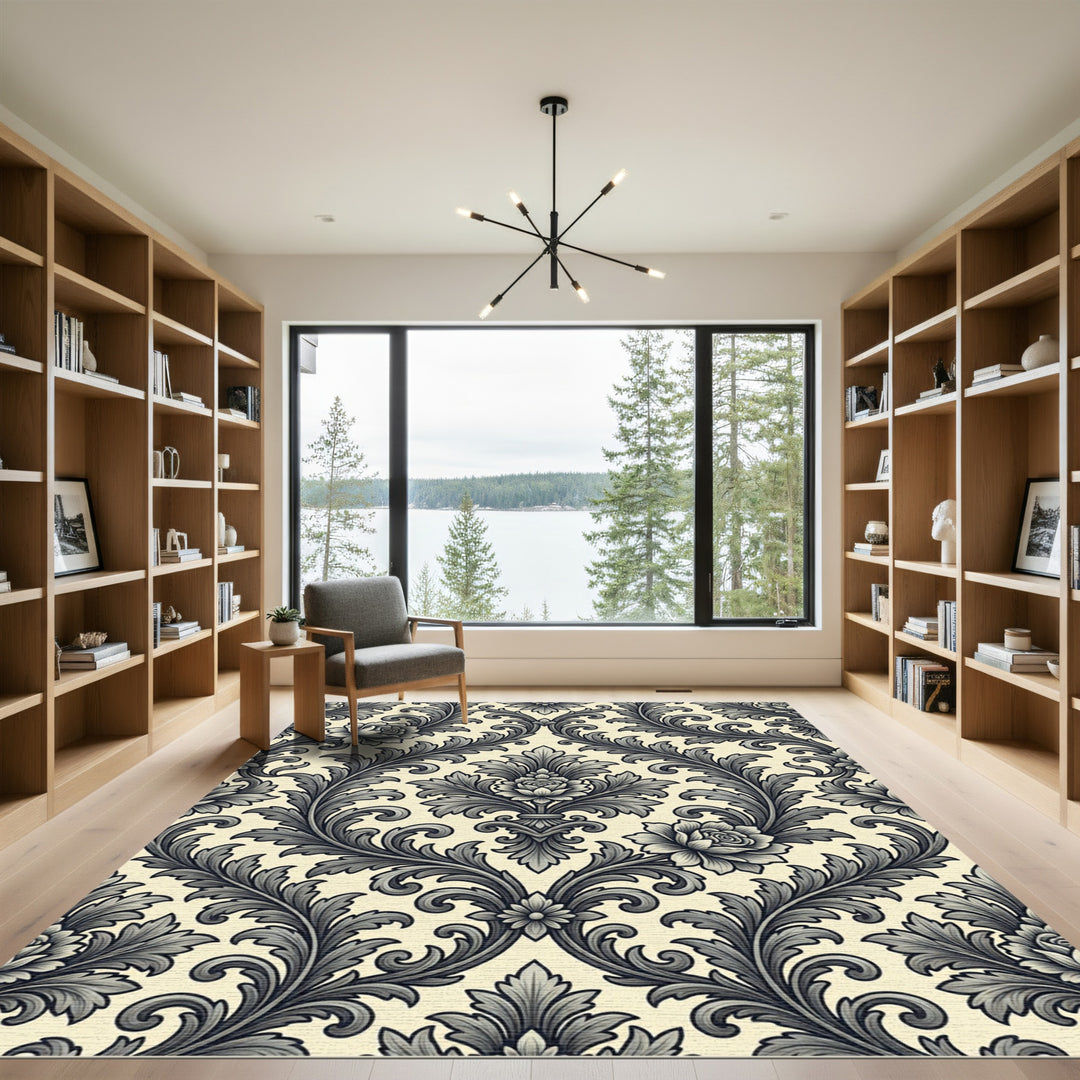 Classic Gray Floral Damask Relief Rug