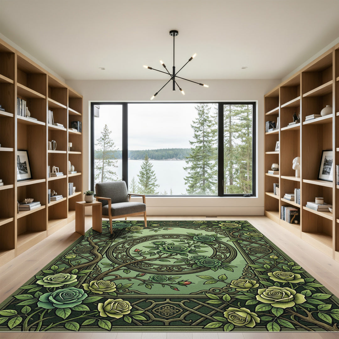 Green Floral Scrollwork Rose Garden Rug