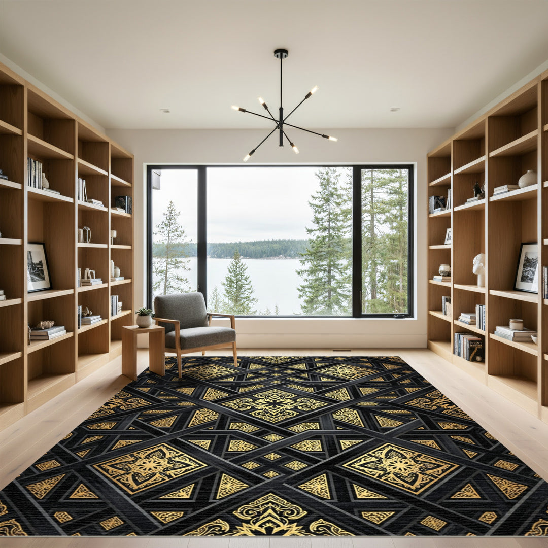 Black Gold Geometric Arabesque Relief Rug