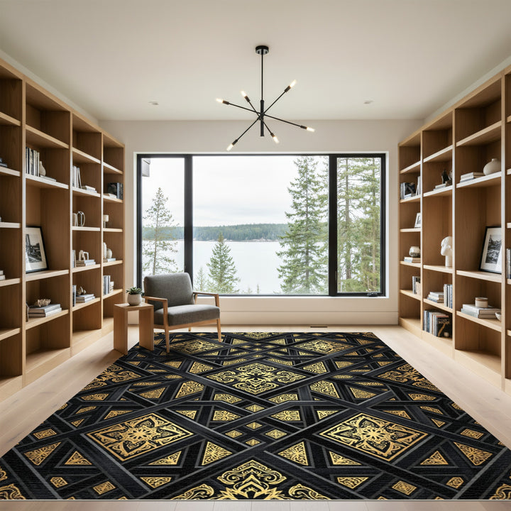 Black Gold Geometric Arabesque Relief Rug