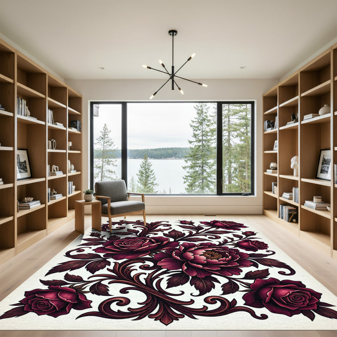 Ornate Burgundy Rose Floral Scroll Rug