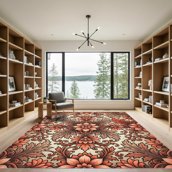 Ornate Coral Floral Damask Rug