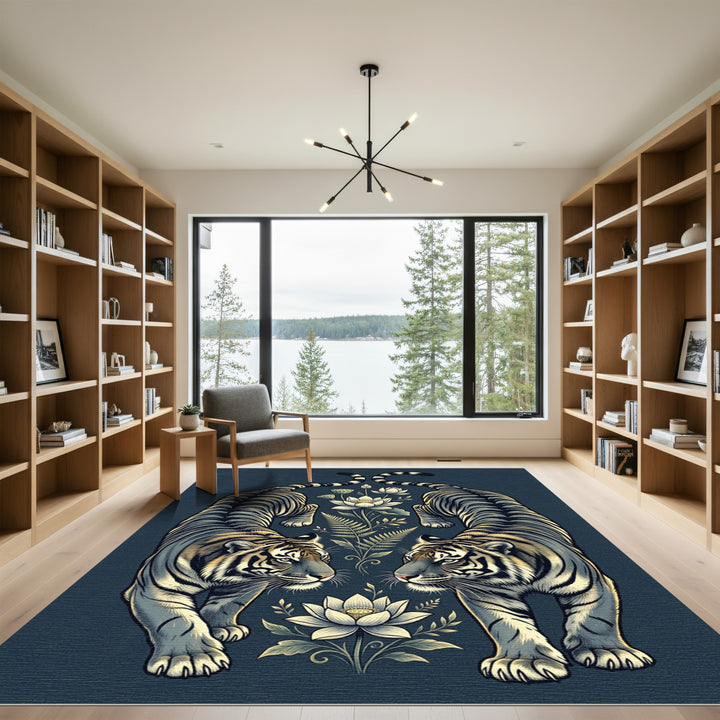 Symmetrical Tigers Lotus Botanical Composition Rug