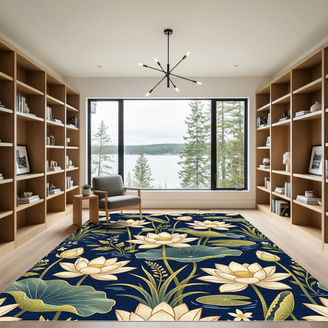 Elegant cream lotus on deep blue water Rug