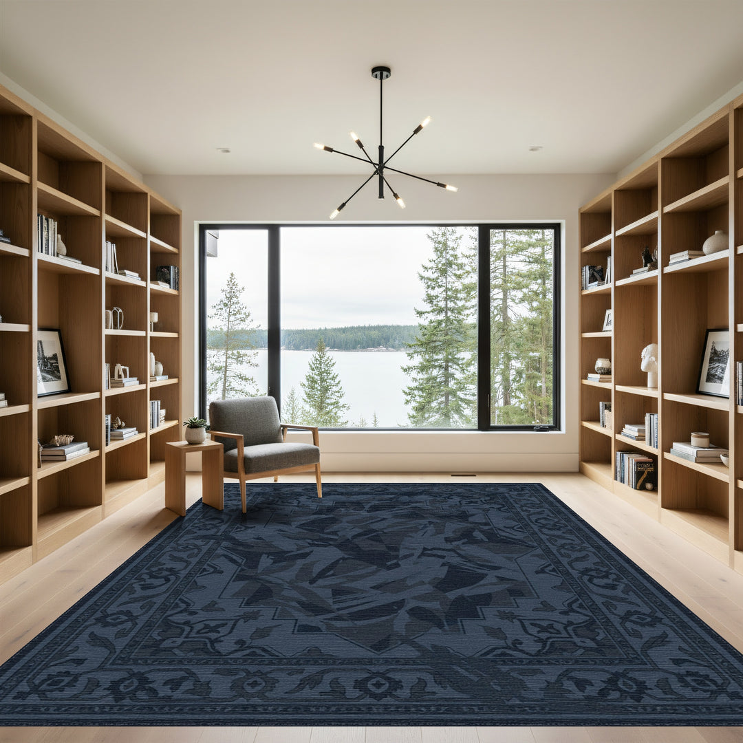 Deep Blue Ink Wash Medallion Rug