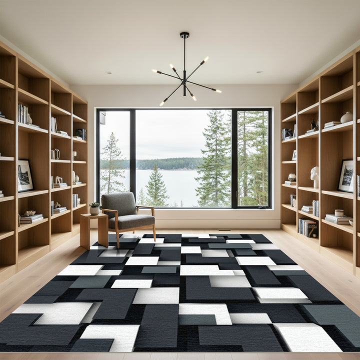 Abstract Geometric Blocks Charcoal White Rug