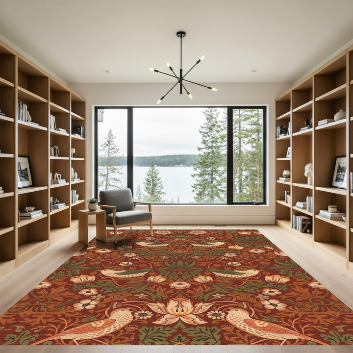 Red Bird and Strawberry Floral Tapestry Rug