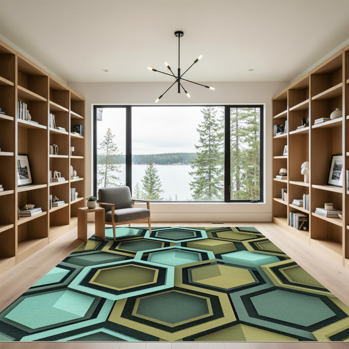 Geometric Teal Gold Hexagon Arrangement Rug