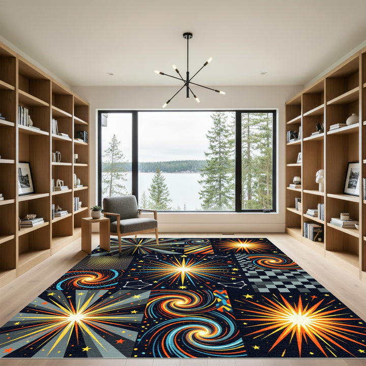 Vibrant Cosmic Starburst Swirl Rug