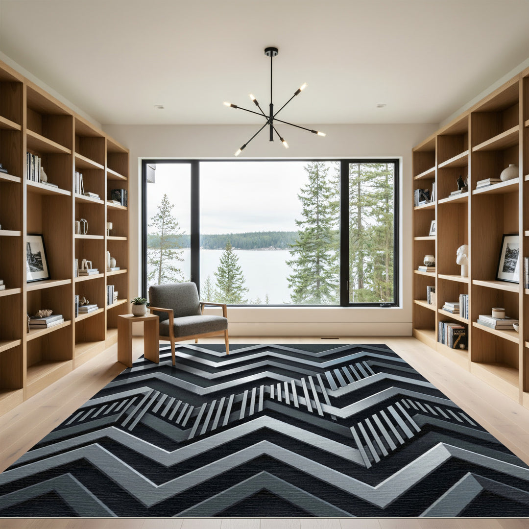 Silver Chevron Zigzag Geometric Rug
