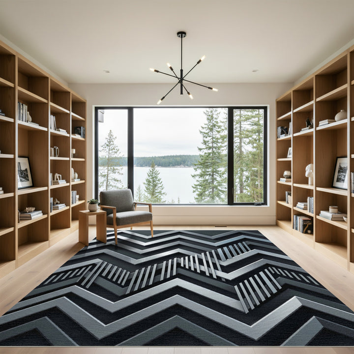 Silver Chevron Zigzag Geometric Rug
