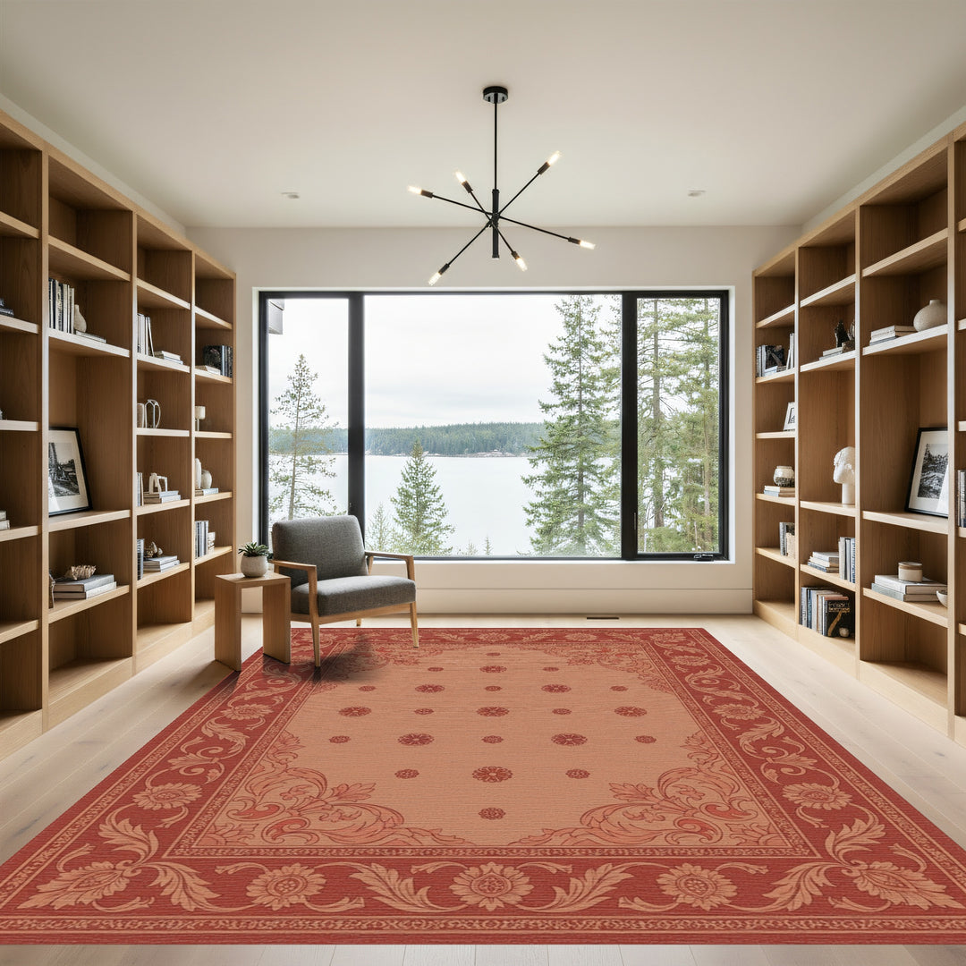 Terracotta Red Floral Scroll Border Rug