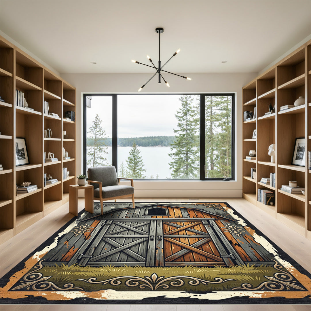 Rustic Barn Wood Doors Floral Accent Rug