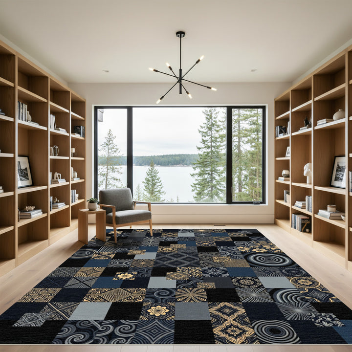 Gold and Navy Geometric Patchwork Collage Rug