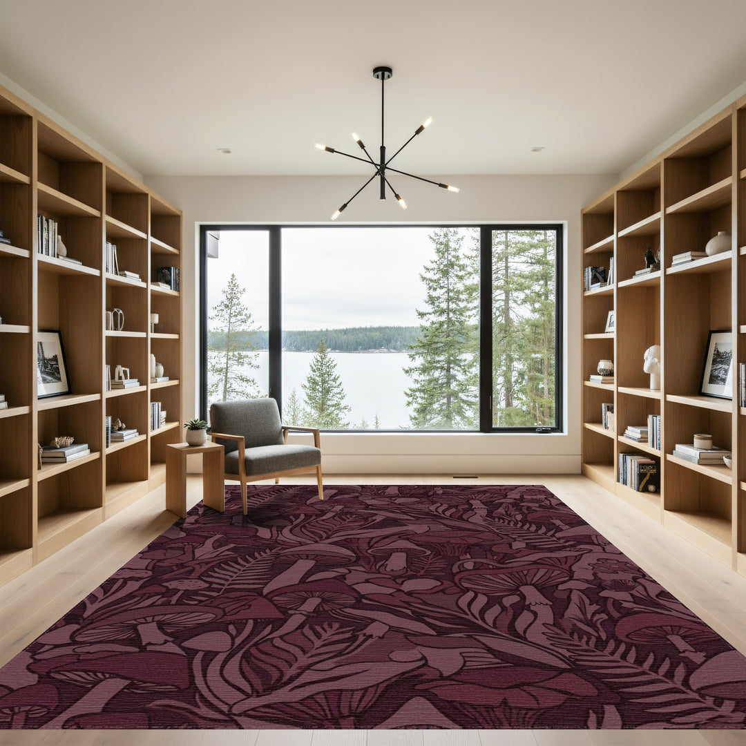 Mushroom Fern Forest in Burgundy Rug