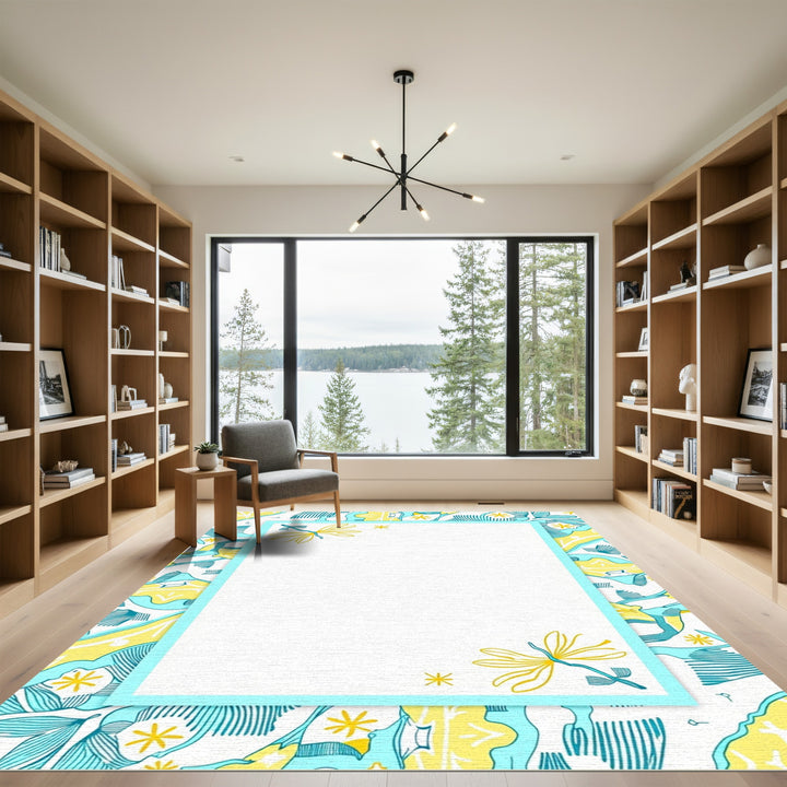 Turquoise Yellow Botanical Blossom Rug