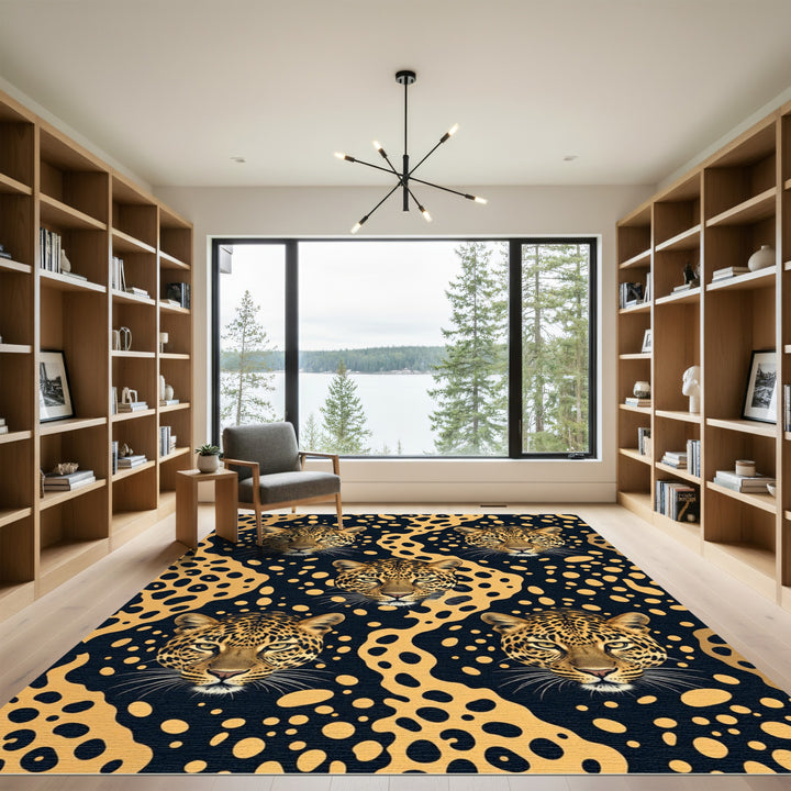 Golden Leopard Spots Dark Background Rug