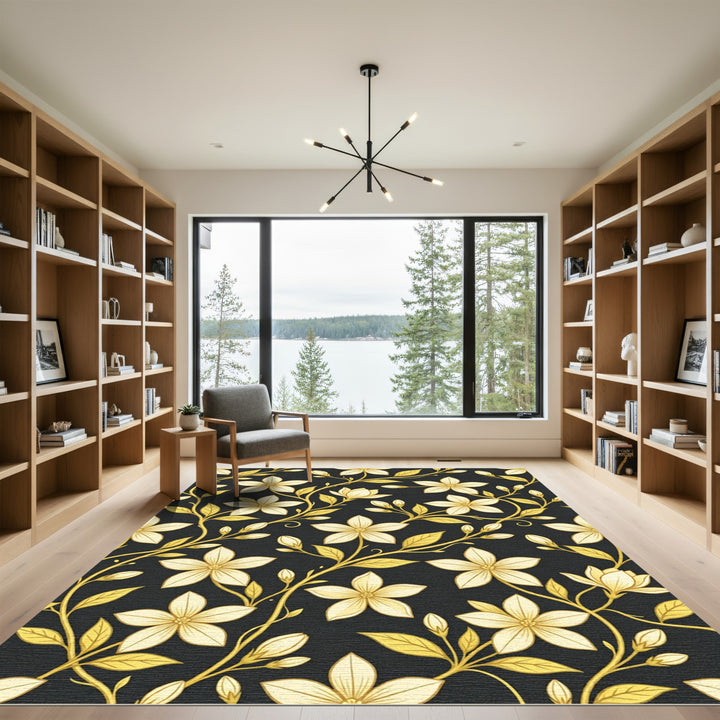 Golden Floral Vine Black Rug