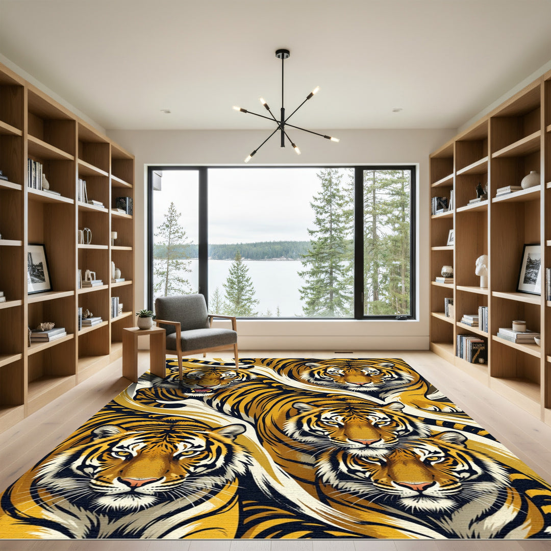 Golden Tiger Faces With Striped Texture Rug
