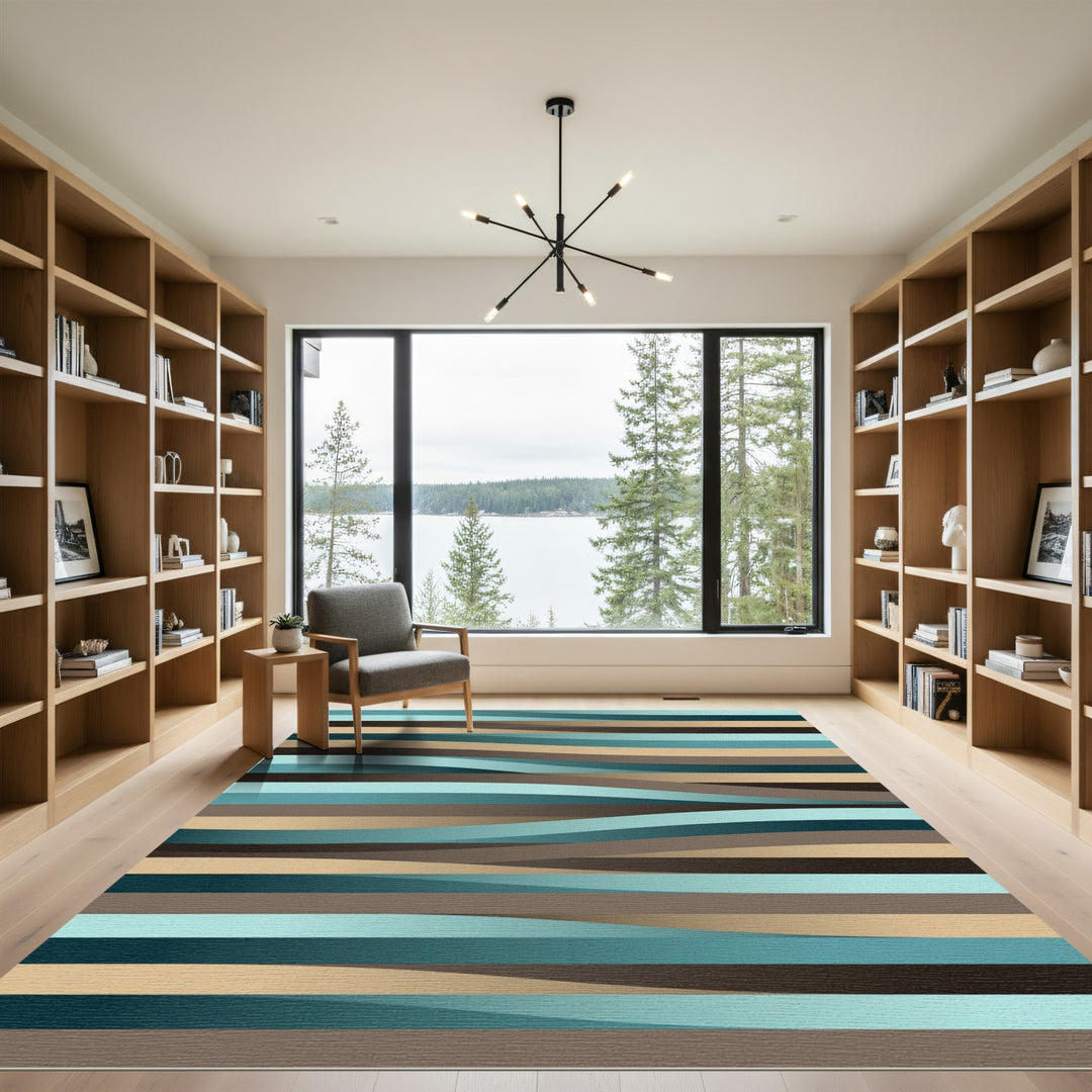 Abstract Teal Tan Brown Waves Rug
