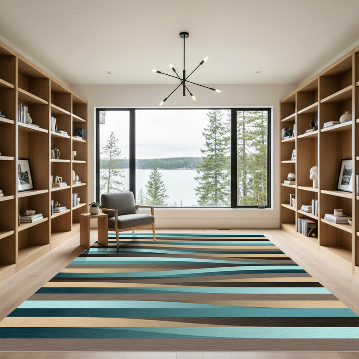 Abstract Teal Tan Brown Waves Rug