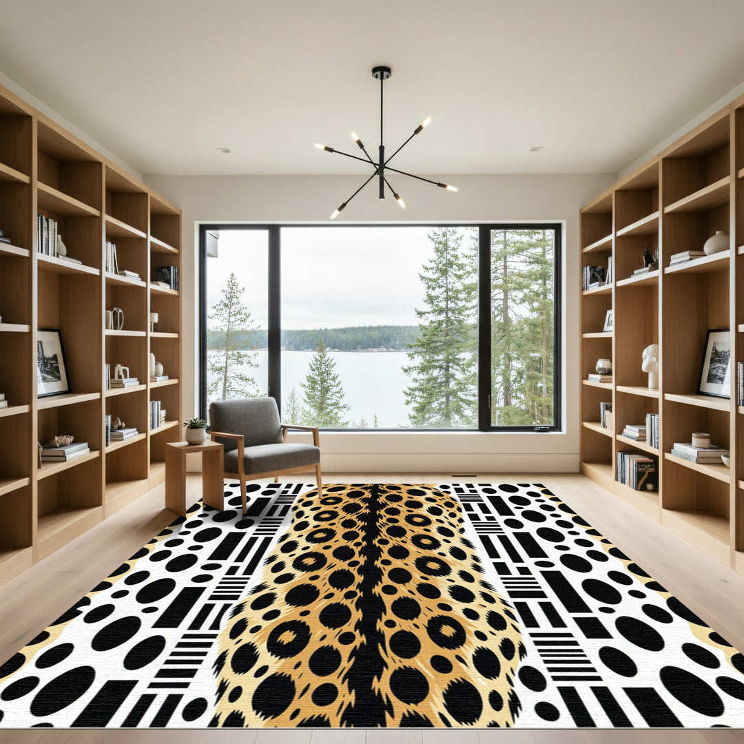 Golden Cheetah Spots Black Geometric Rug